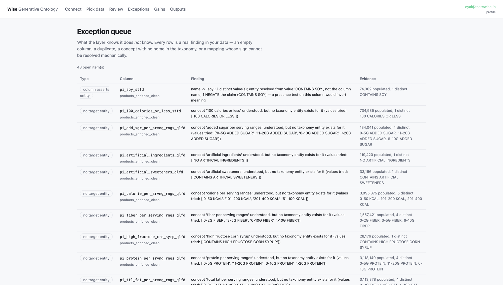 The exception queue listing empty columns, duplicate columns and unresolved mappings with their evidence.