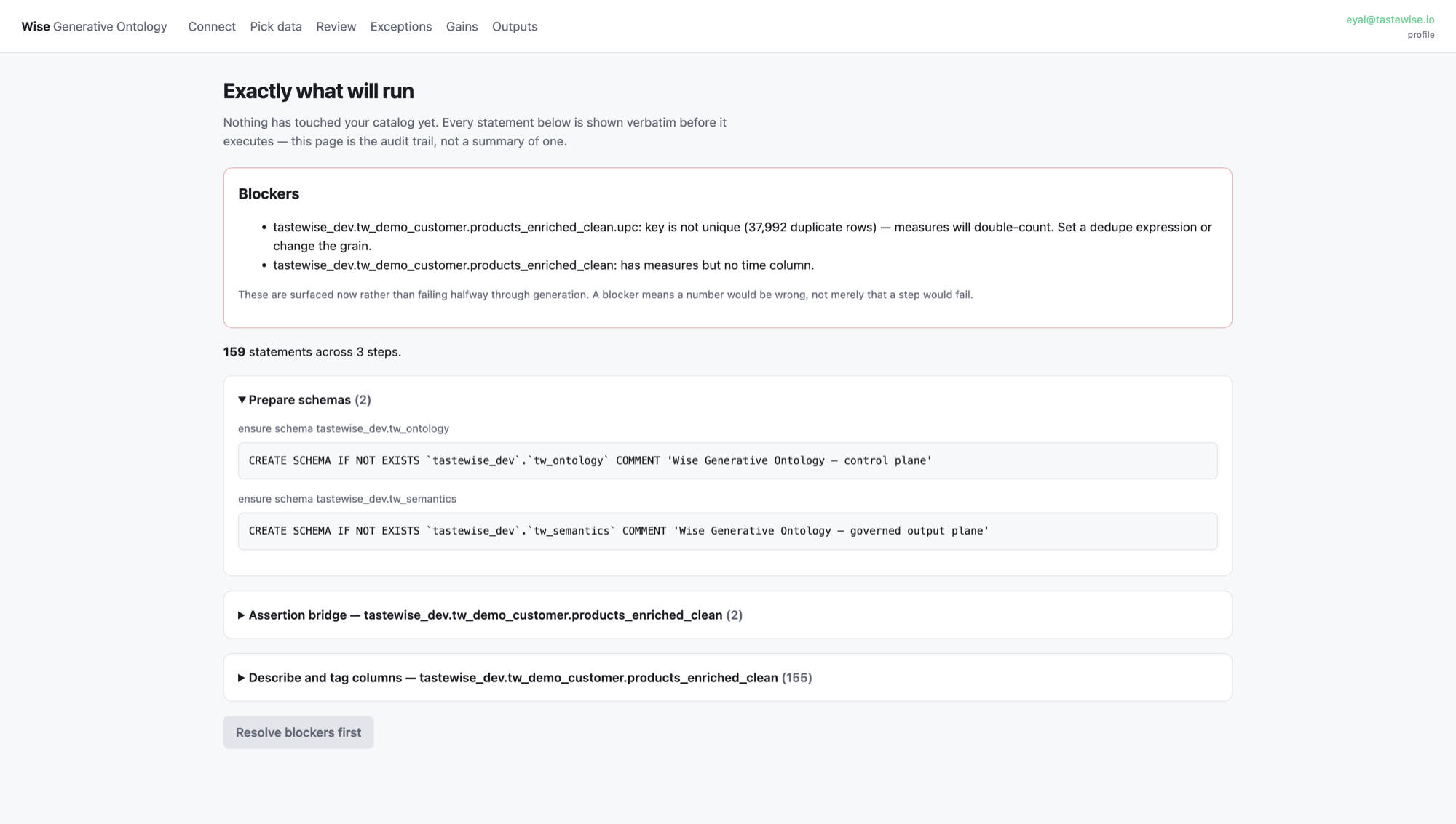 The review screen showing the exact SQL statements that will run before any of them execute.