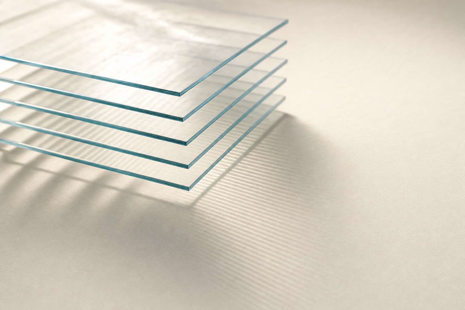 Sheets of clear glass stacked in parallel layers on warm paper; daylight passes down through them and lands beneath as an ordered band of evenly spaced lines.